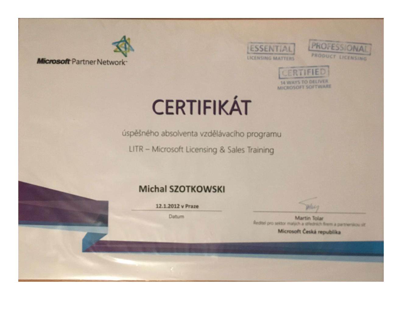 Náhled certifikátu Microsoft LITR — Licensing & Sales Training