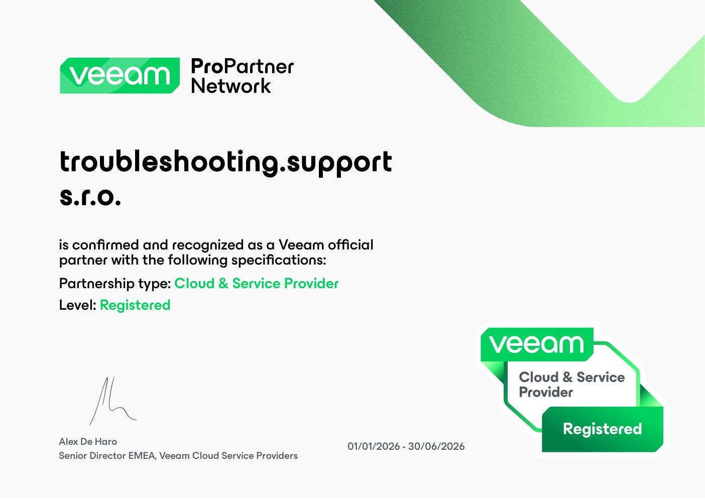 Náhled Veeam Affiliation Certificate — Cloud & Service Provider Registered